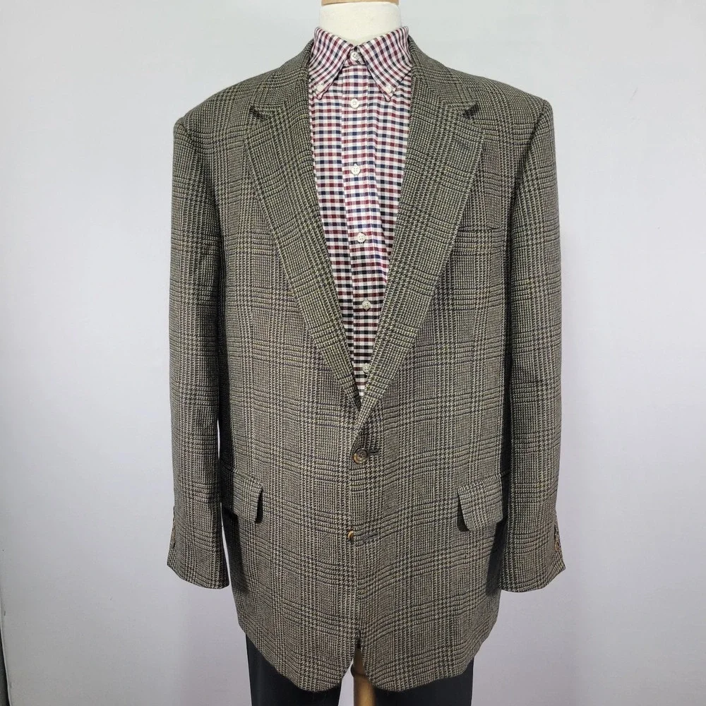 Oscar De La Renta Men's Sport Coat Blazer Two‎ Button Brown Plaid Wool Sz 48L